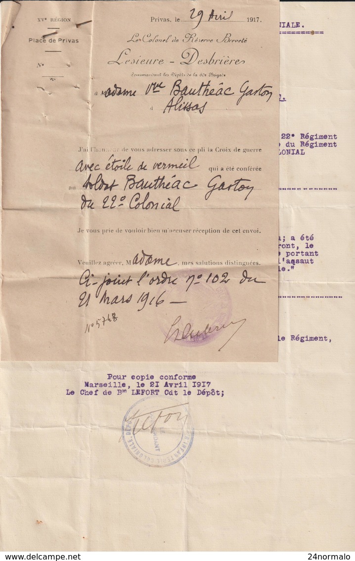 Ardèche, Guerre De 14-18 Attribution De La Croix De Guerre Et Citation - Documents Historiques