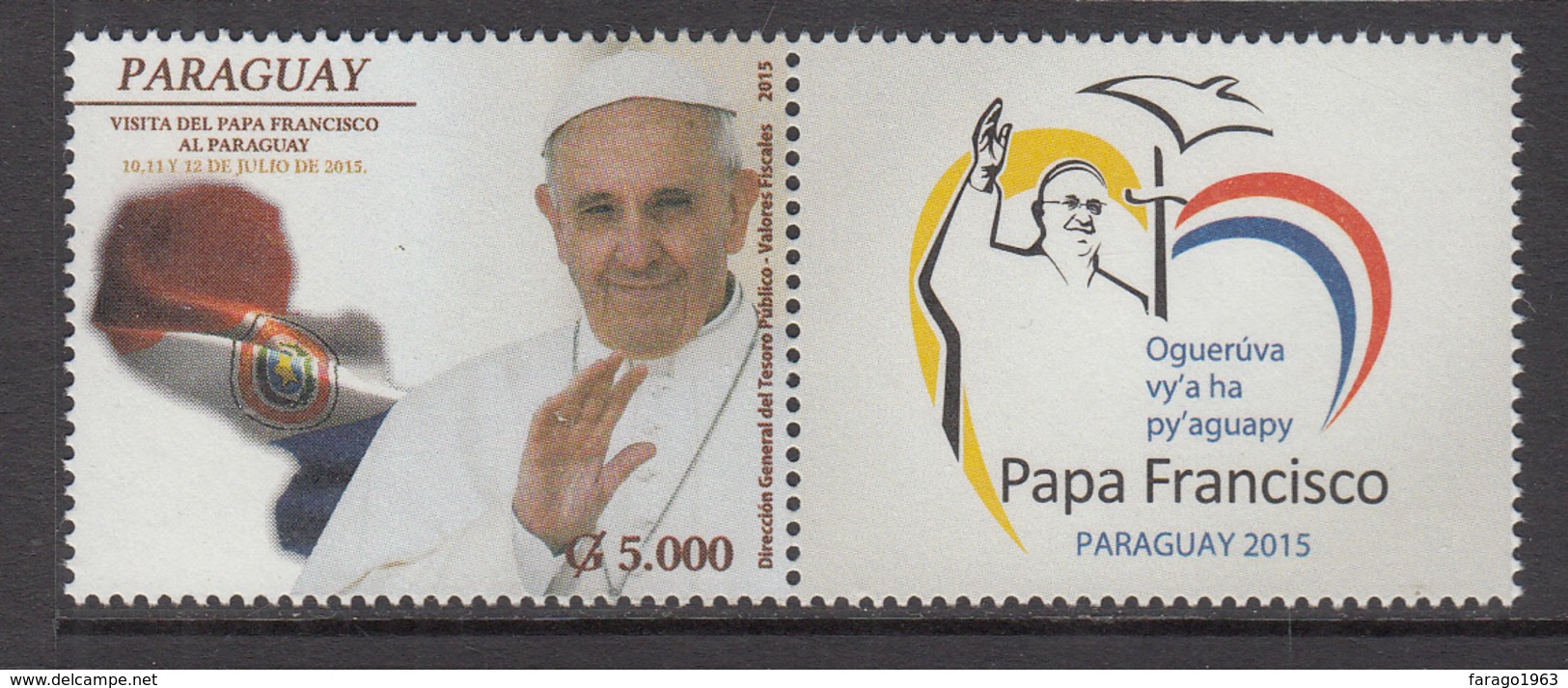 2015 Paraguay Pope Francis Visit Complete Set Of 1 + Tab MNH - Paraguay