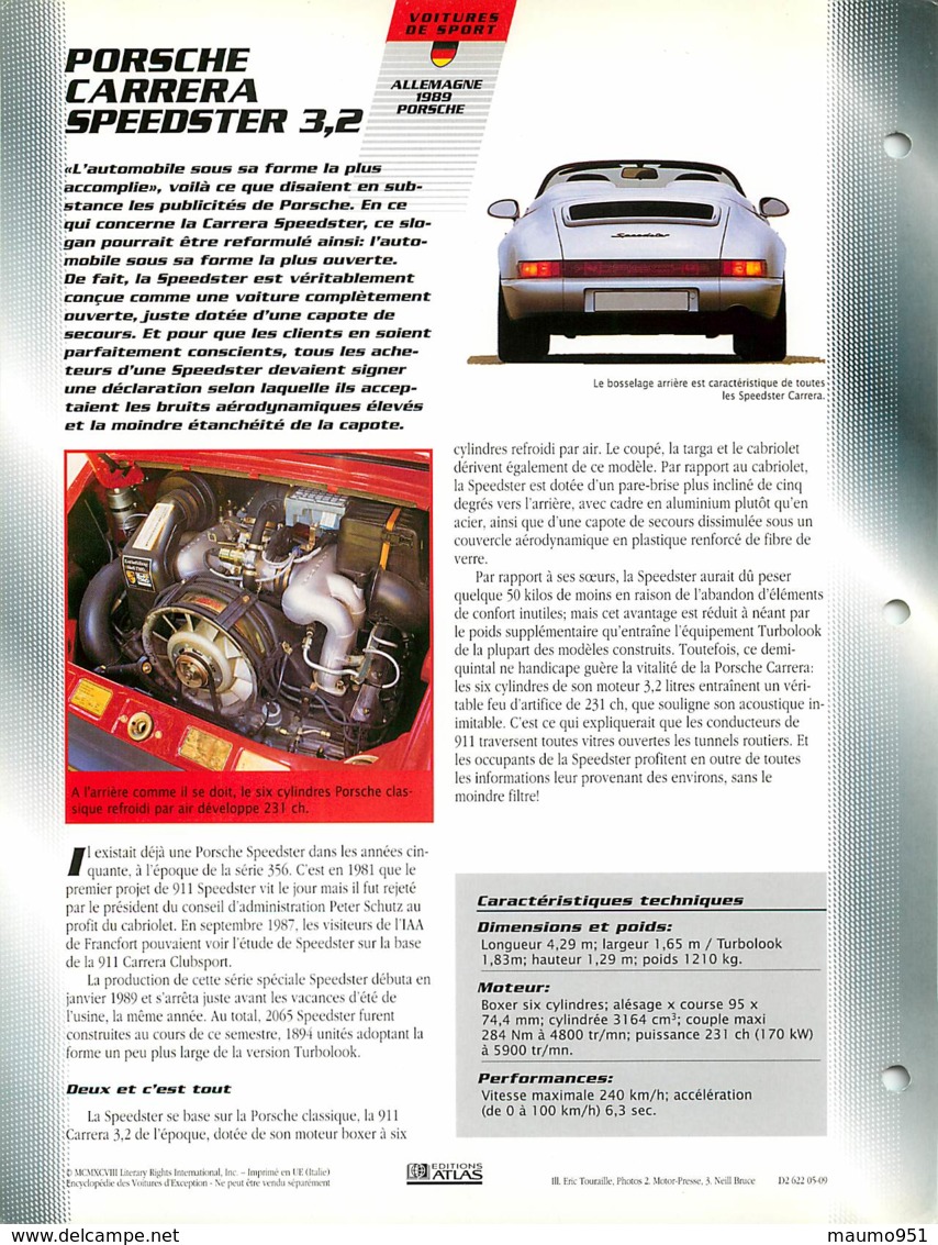 PORCHE CARRERA SPEEDSTER 3.2 + FICHE TECHNIQUE FORMAT DOCUMENT 285X22 - Voitures