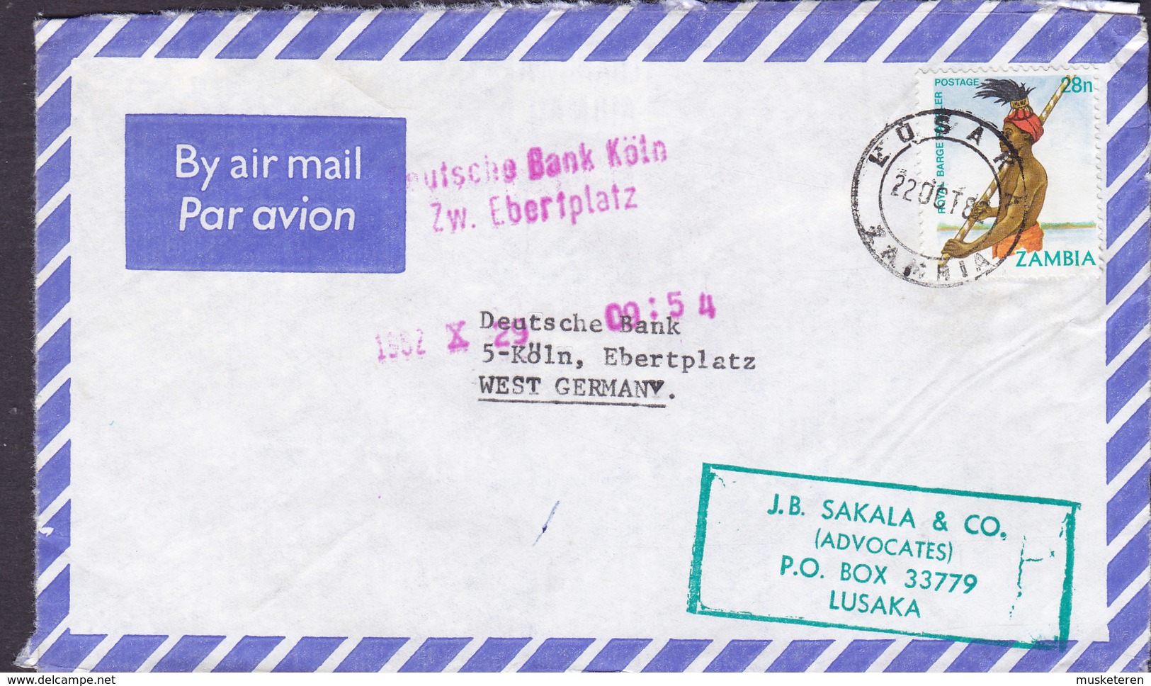 Zambia Air Mail Par Avion J.B. SAKALA & Co. (Advocates) LUSAKA 1982 Cover Brief DEUTSCHE BANK Köln Germany - Zambia (1965-...)