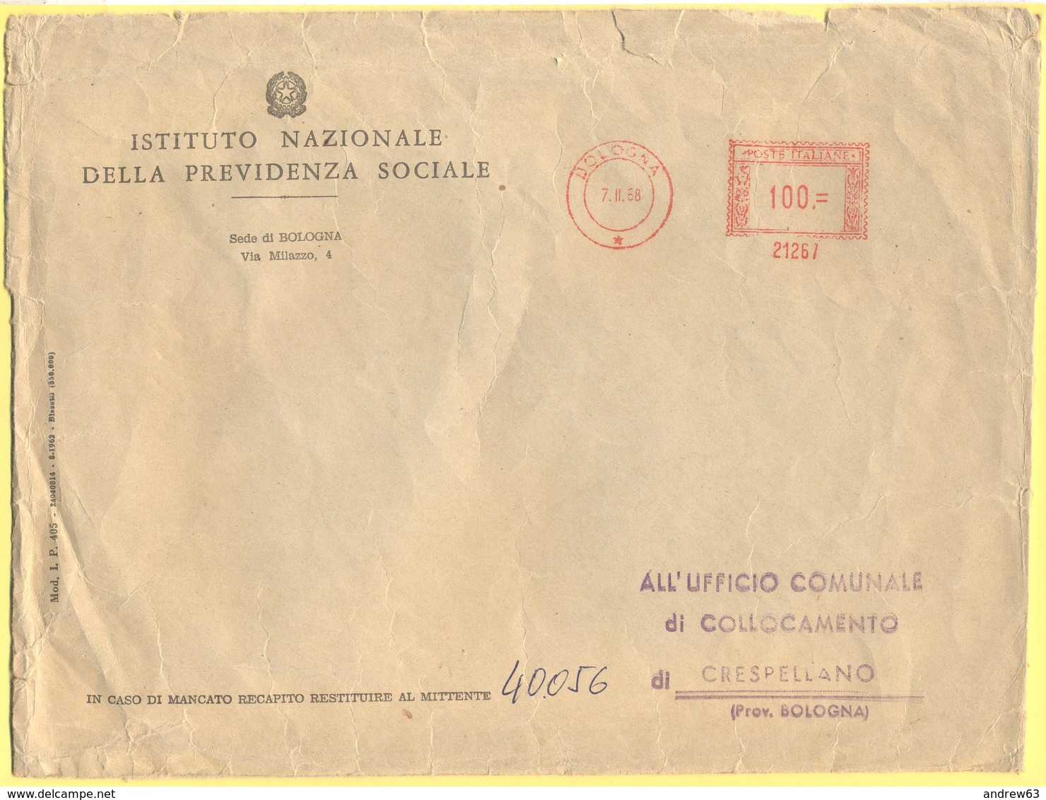ITALIA - ITALY - ITALIE - 1968 - 100 EMA,Red Cancel - Istituto Nazionale Della Previdenza Sociale, INPS - Viaggiata Da B - Macchine Per Obliterare (EMA)