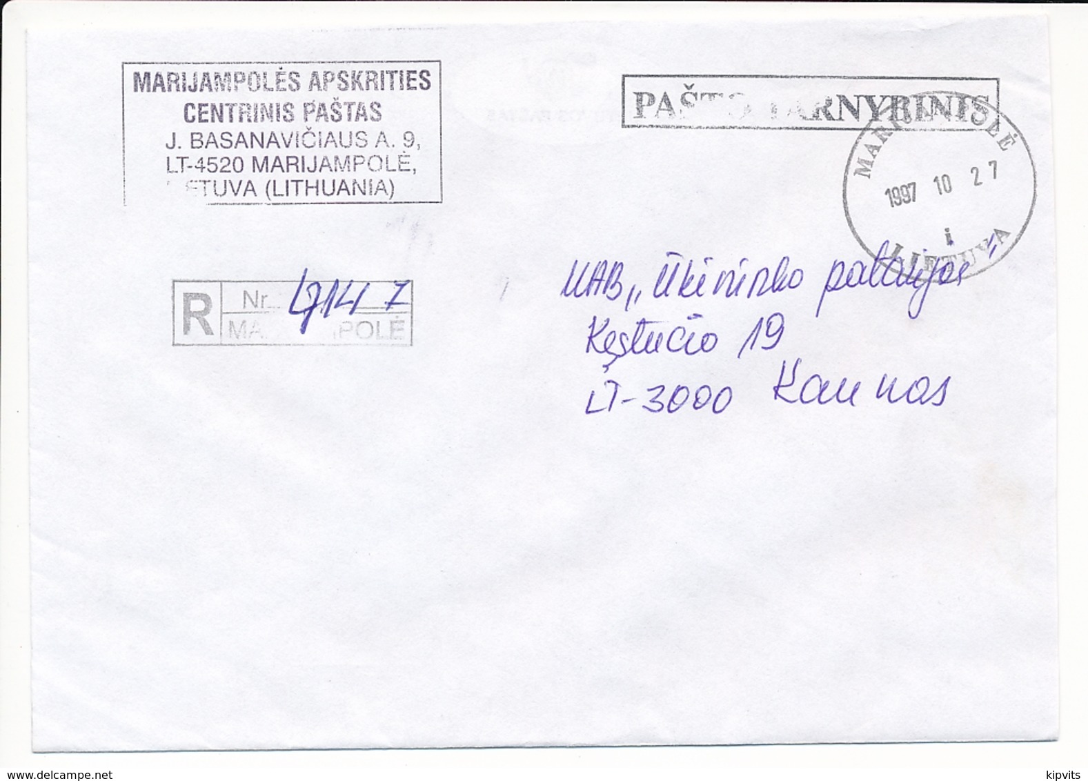 Pašta Tarnybinis Postal Service / Registered Domestic Cover - 27 October 1997 Marijampolė - Lituania