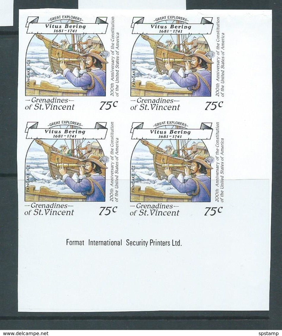 St Vincent Grenadines 1988 75c Explorer Bering & Ship On Ice Imperforate Proof Imprint Block 4 MNH - St.Vincent & Grenadines