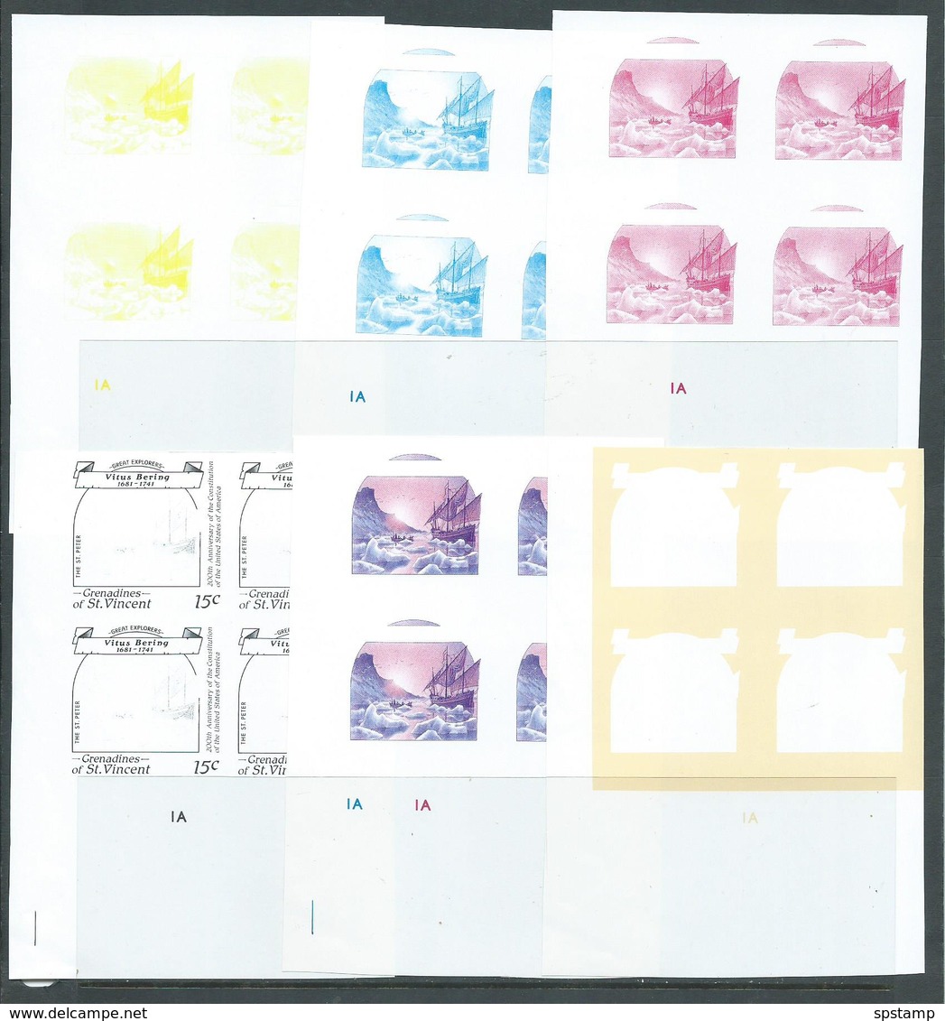 St Vincent Grenadines 1988 15c Explorer Bering & Ship On Ice 6 X Imperforate Colour Separation Proofs Blocks 4 MNH - St.Vincent & Grenadines