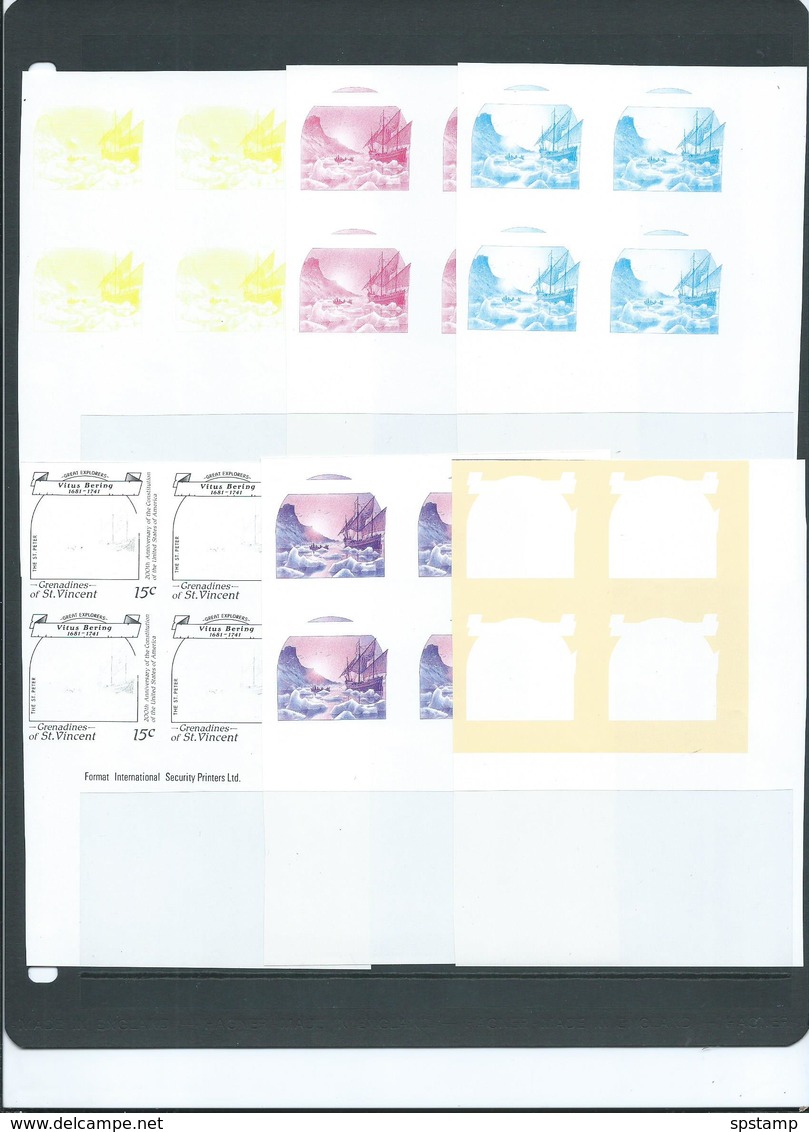 St Vincent Grenadines 1988 15c Explorer Bering & Ship On Ice 6 X Imperforate Colour Separation Proofs Blocks 4 MNH - St.Vincent & Grenadines