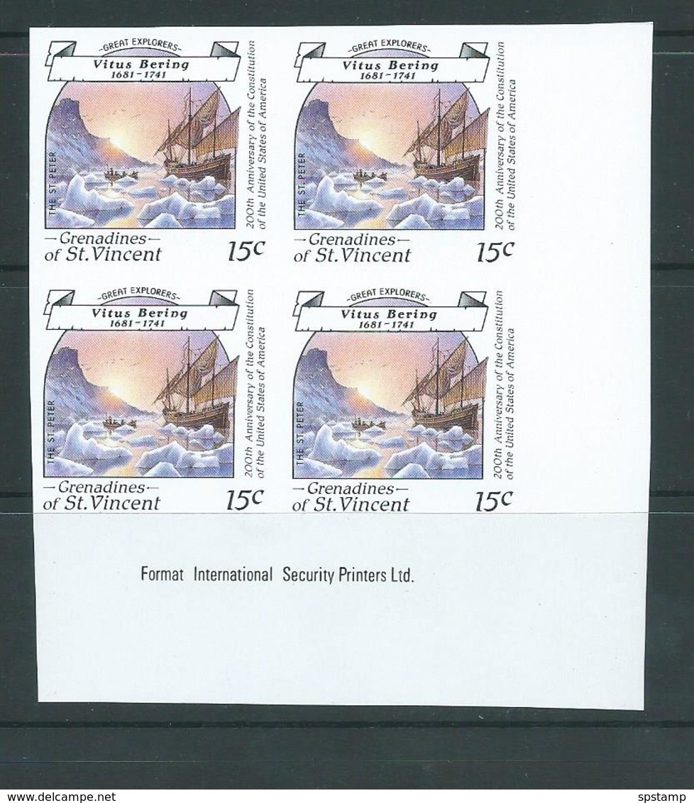 St Vincent Grenadines 1988 15c Explorer Bering & Ship On Ice Imperforate Proof Imprint Block 4 MNH - St.Vincent & Grenadines
