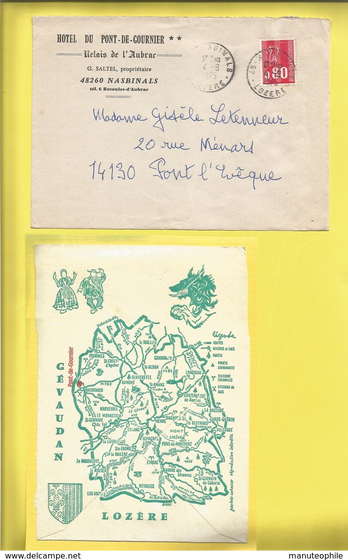 Enveloppe Ou Lettre Publicitaire Commerciale De NASBINALS ( Lozére)HÔTEL DU Pont-De-Gournier Relais De L'Aubrac 48260 - 1921-1960: Période Moderne