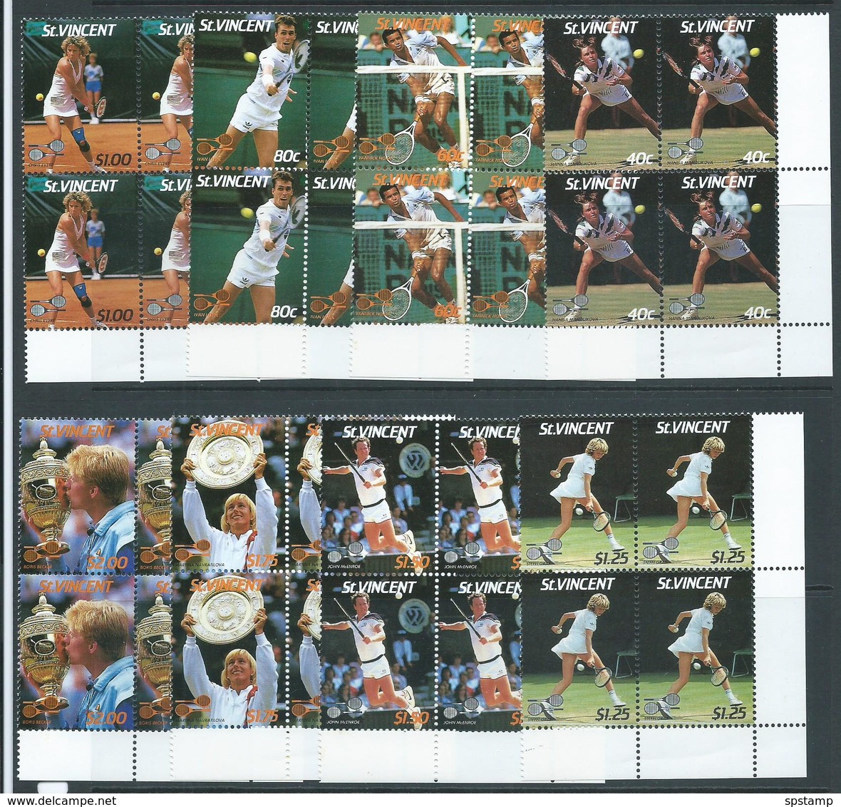 St Vincent 1987 Wimbledon Tennis Champions Set 8 MNH Blocks Of 4 Becker Navratilova Lendl Graf - St.Vincent (1979-...)