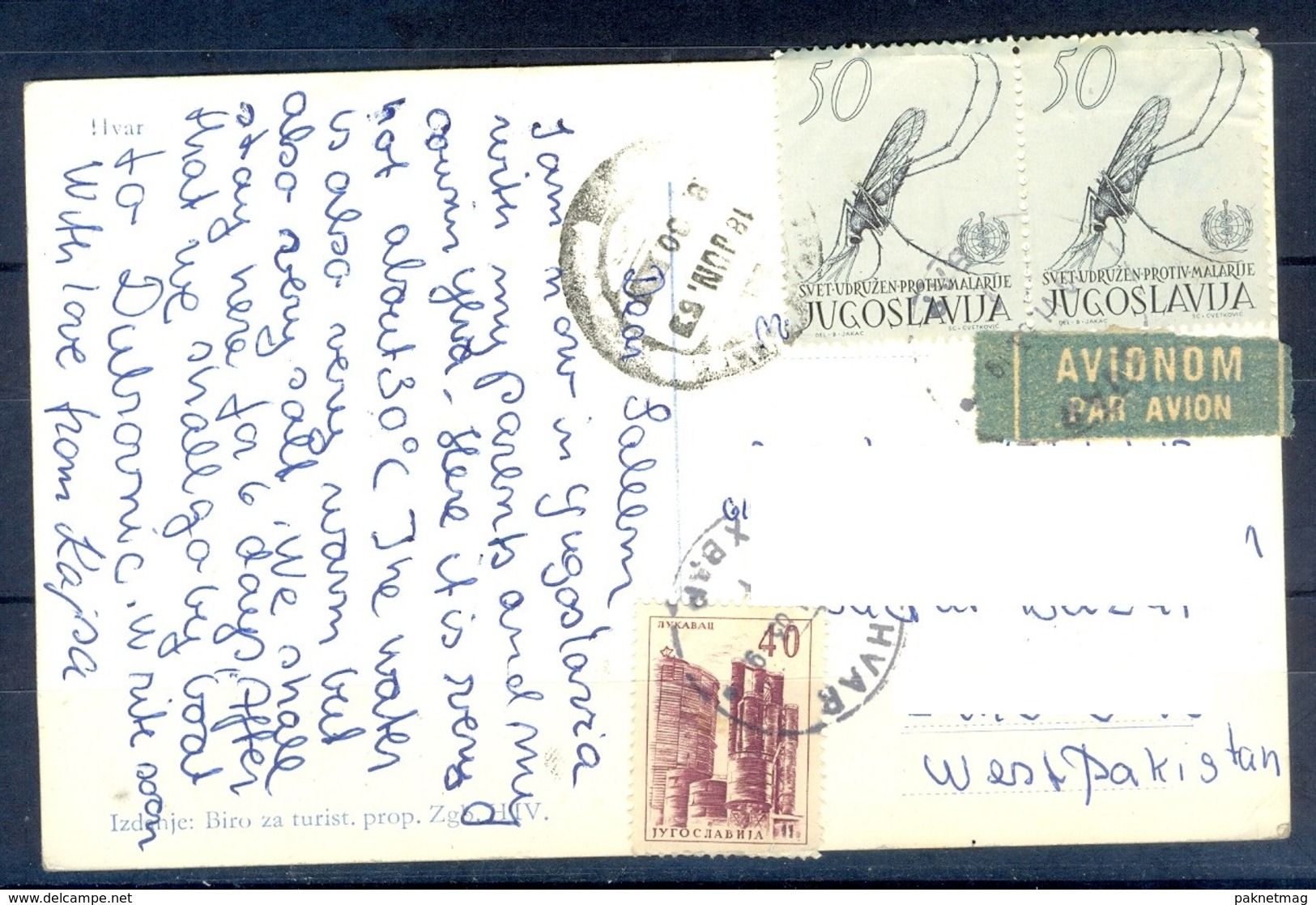 K1074- Postal Used Post Card. Post From Jugoslavija Yugoslavia To Pakistan. Ship. Biro Za Turist. - Other & Unclassified