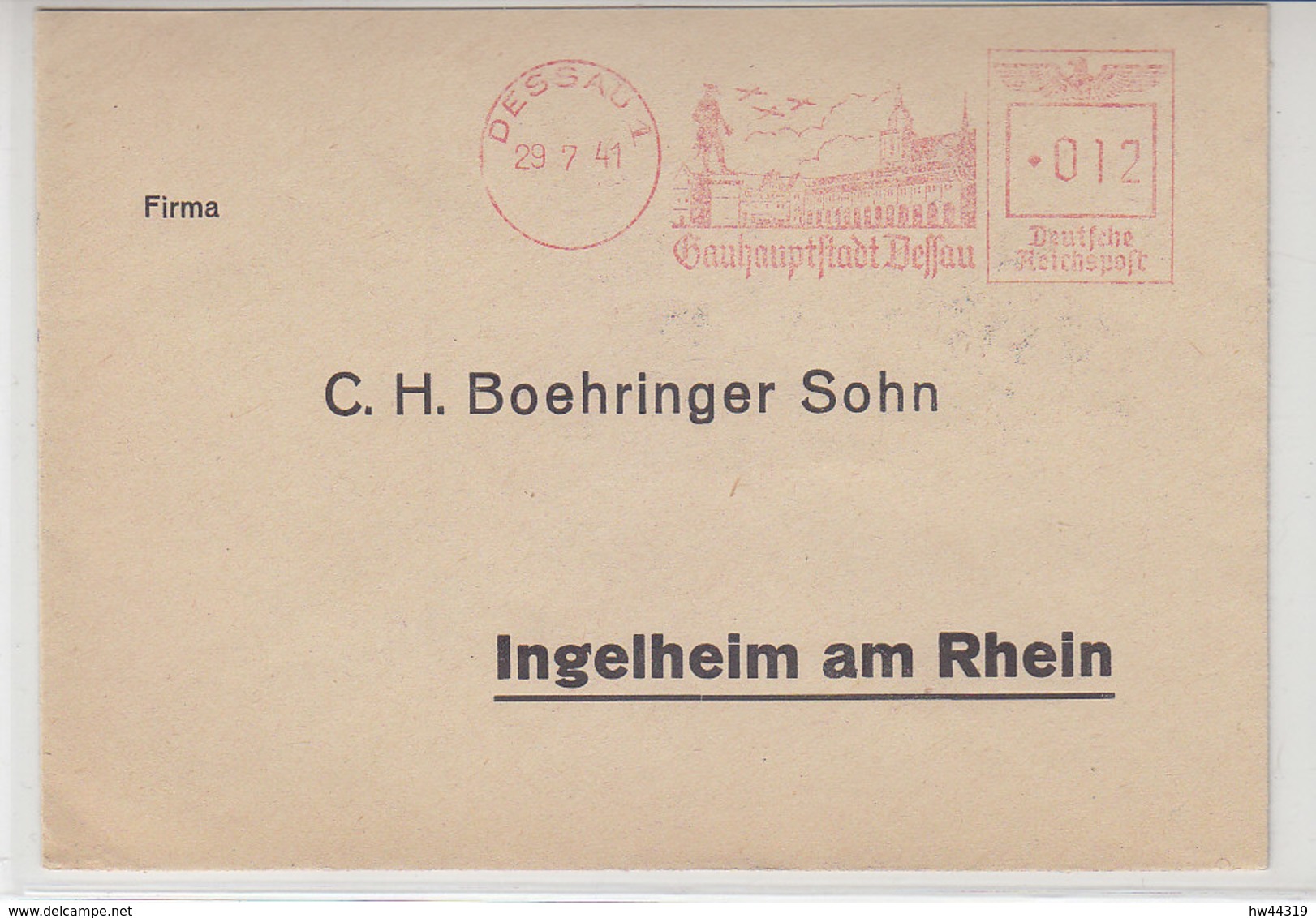 Freistempel Der Gauhauptstadt DESSAU 29.7.41 Von Der APOTHEKE ... Nach Ingelheim Am Rhein - Briefe U. Dokumente