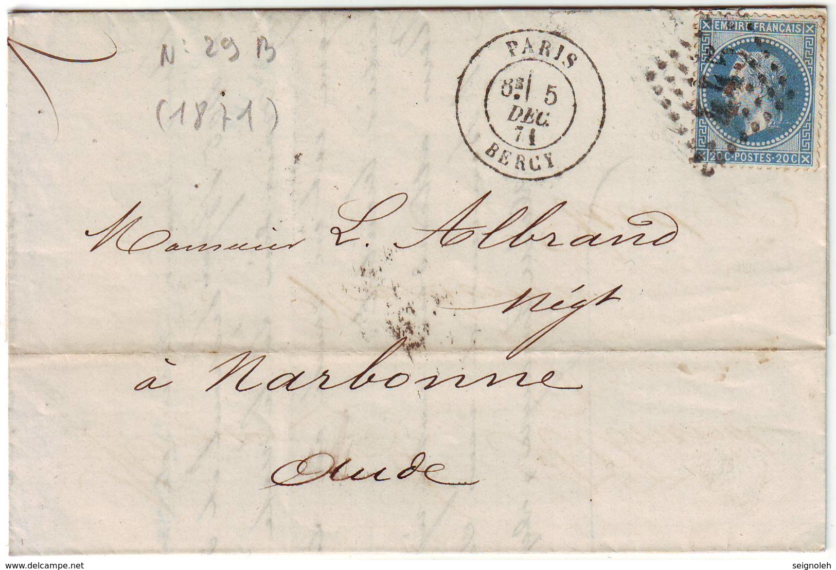 N° 29 SEUL Sur Lettre Du 5 Decembre 1871 Et NON TAXE !!!! RARE Et TTB++++ - 1849-1876: Période Classique