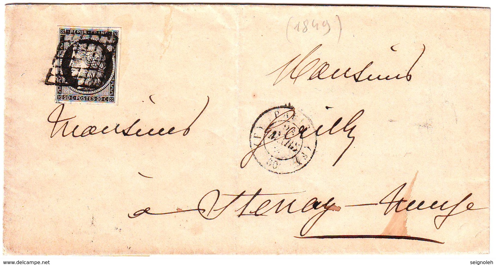 20 C NOIR CERES N° 3 Obl Grille TTB Sur Lettre De Paris Bureau F , 23 Mars 1849 - 1849-1876: Classic Period