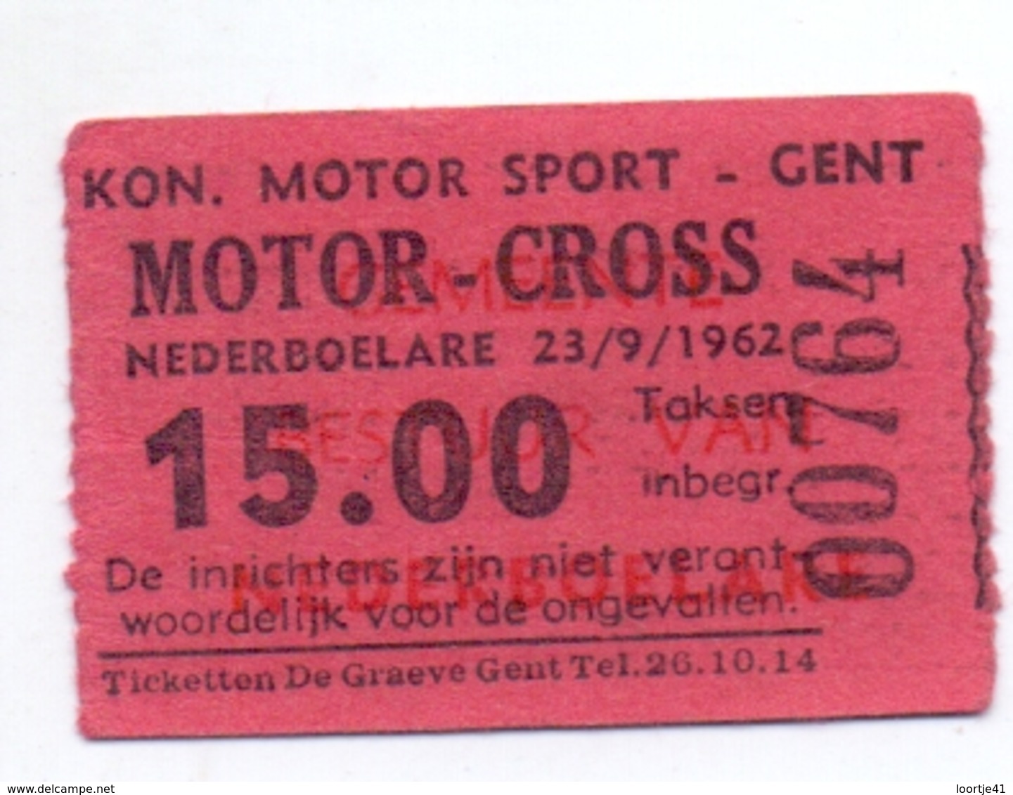 Etiket Etiquette - Inkom Ticket - Motorcross Nederboelare 1962 - Tickets D'entrée