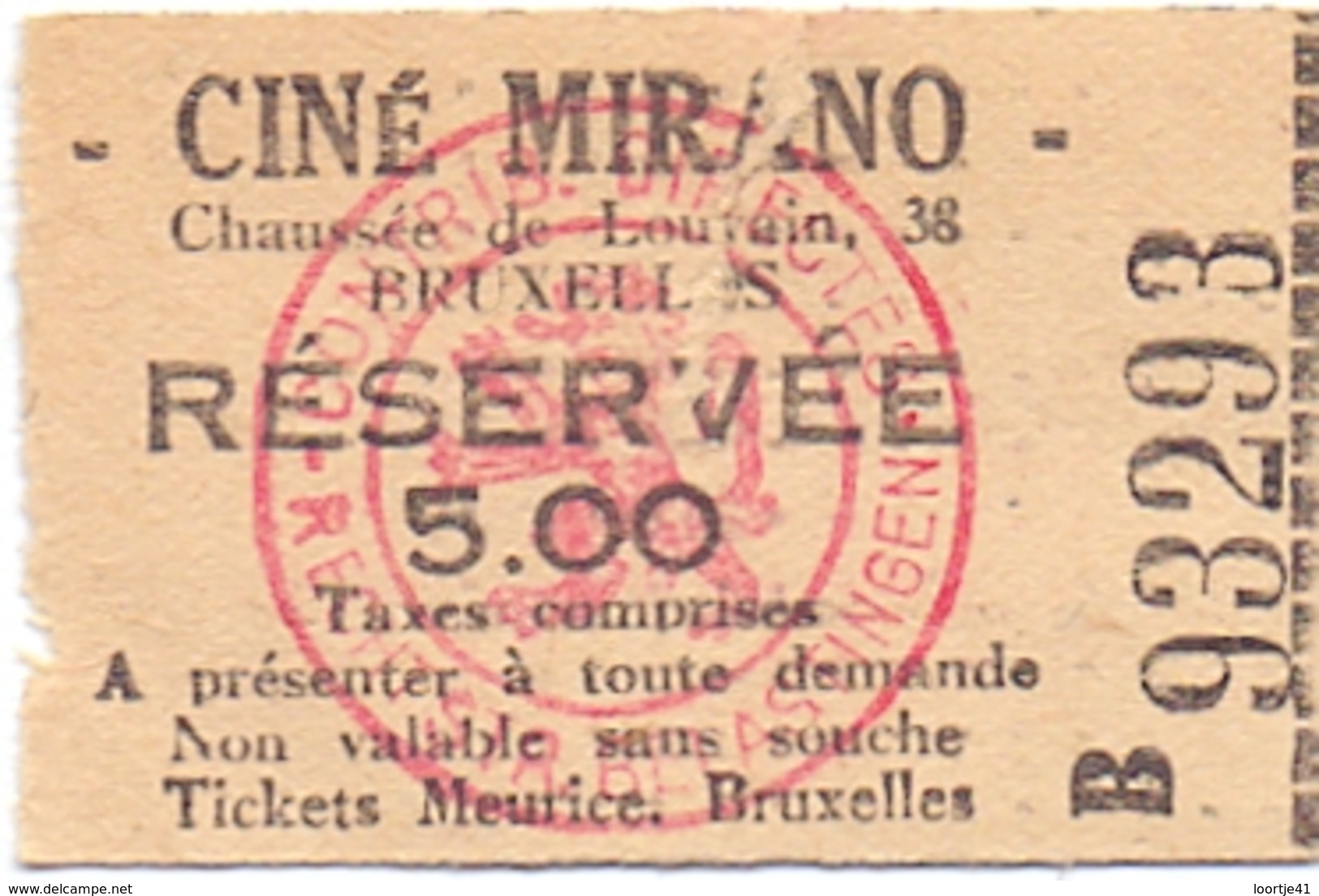 Etiket Etiquette - Inkom Ticket - Cinema Bioscoop Ciné Mirano - Bruxelles - 5 Fr - Tickets D'entrée