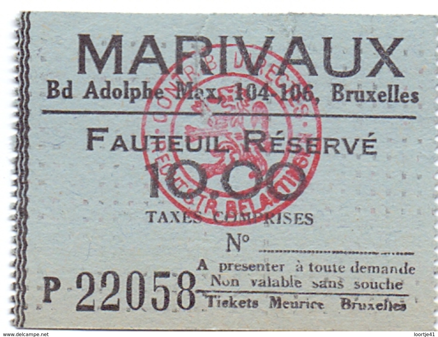 Etiket Etiquette - Inkom Ticket - Cinema Bioscoop Ciné - Marivaux - Bruxelles - 10 Fr - Tickets D'entrée