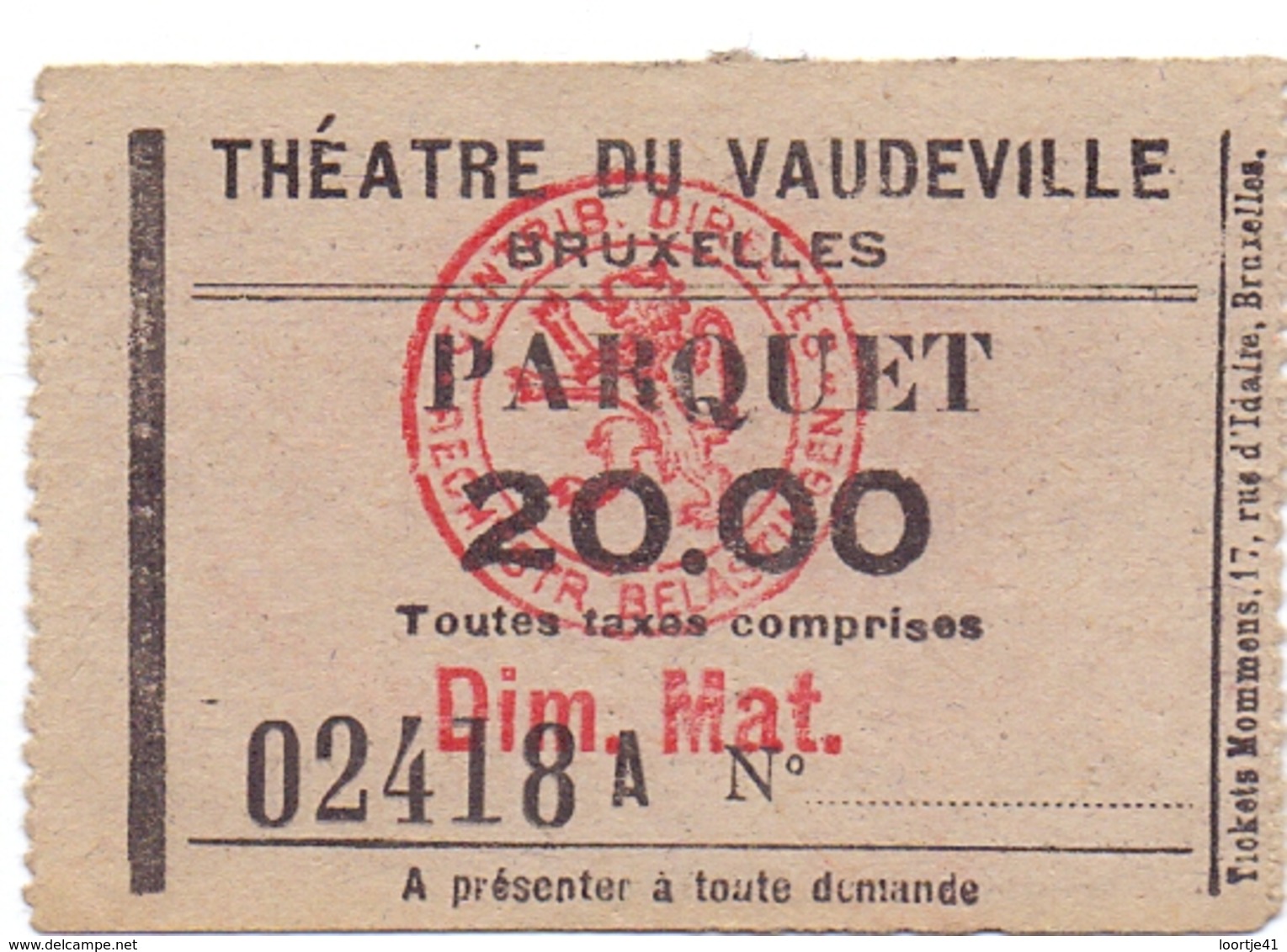 Etiket Etiquette - Inkom Ticket -  Théatre De Vaudeville - Bruxelles - 20 Fr - Tickets D'entrée