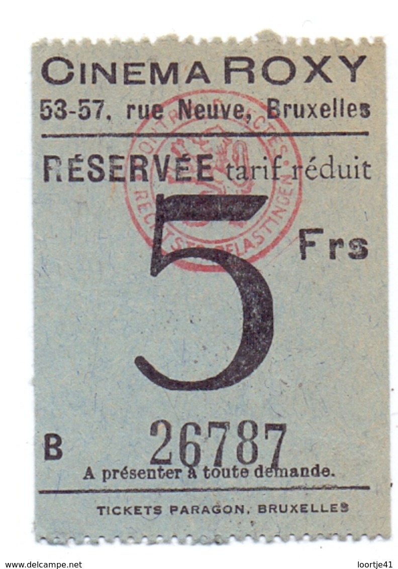 Etiket Etiquette - Inkom Ticket - Cinema Bioscoop Ciné Roxy - Bruxelles - 5 Fr - Tickets D'entrée