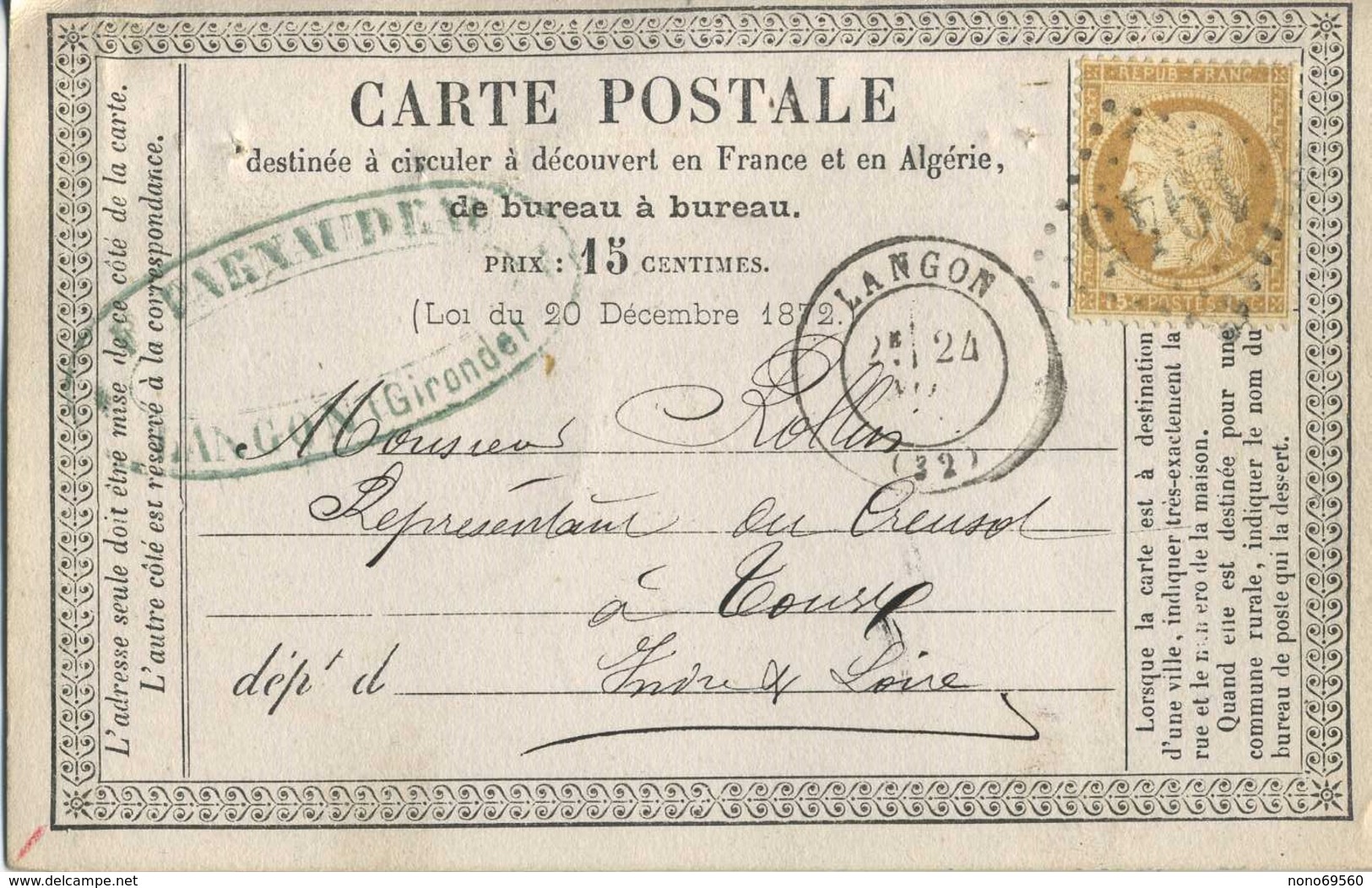 Carte Postale Precurseur 1873 CACHET GC 1945 Sur CERES 15 C. De Langon En Gironde - 1849-1876: Période Classique