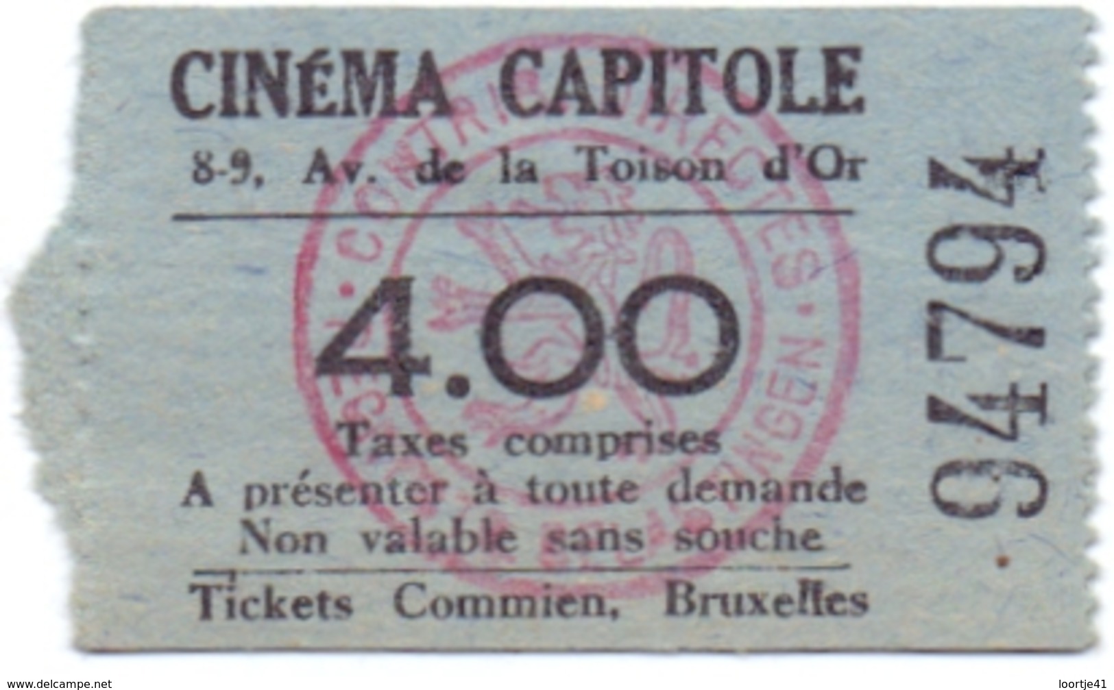 Etiket Etiquette - Inkom Ticket - Ticket D'entrée - Cinema Bioscoop Ciné Capitole - Bruxelles - 4 Fr - Tickets D'entrée