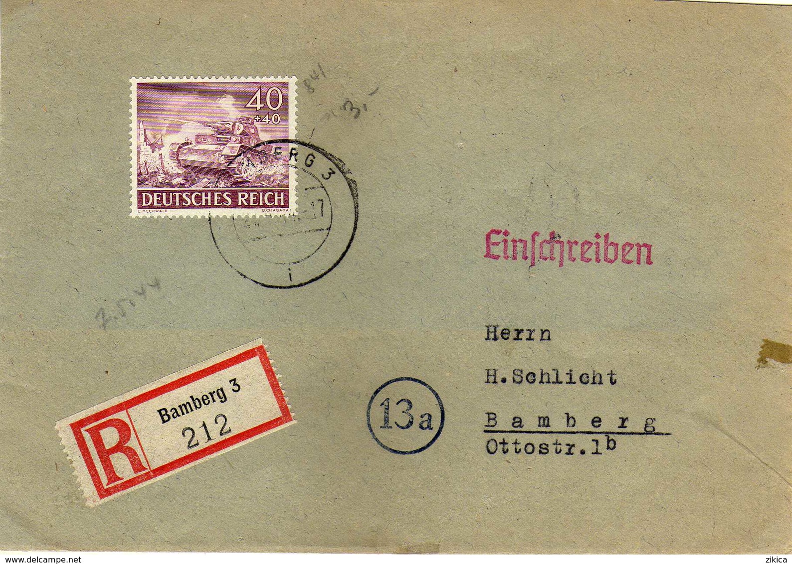 Germany (Third Reich) 1944 - Bamberg Registered Post - Stamp: 1943 Hero Memorial Day / Tank - Briefe U. Dokumente