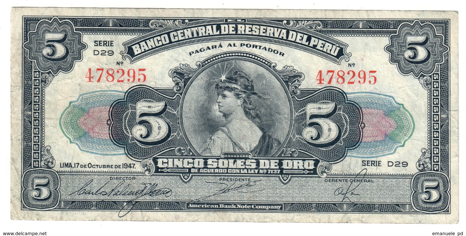 Peru 5 Soles De Oro 17/10/1947 - Perù