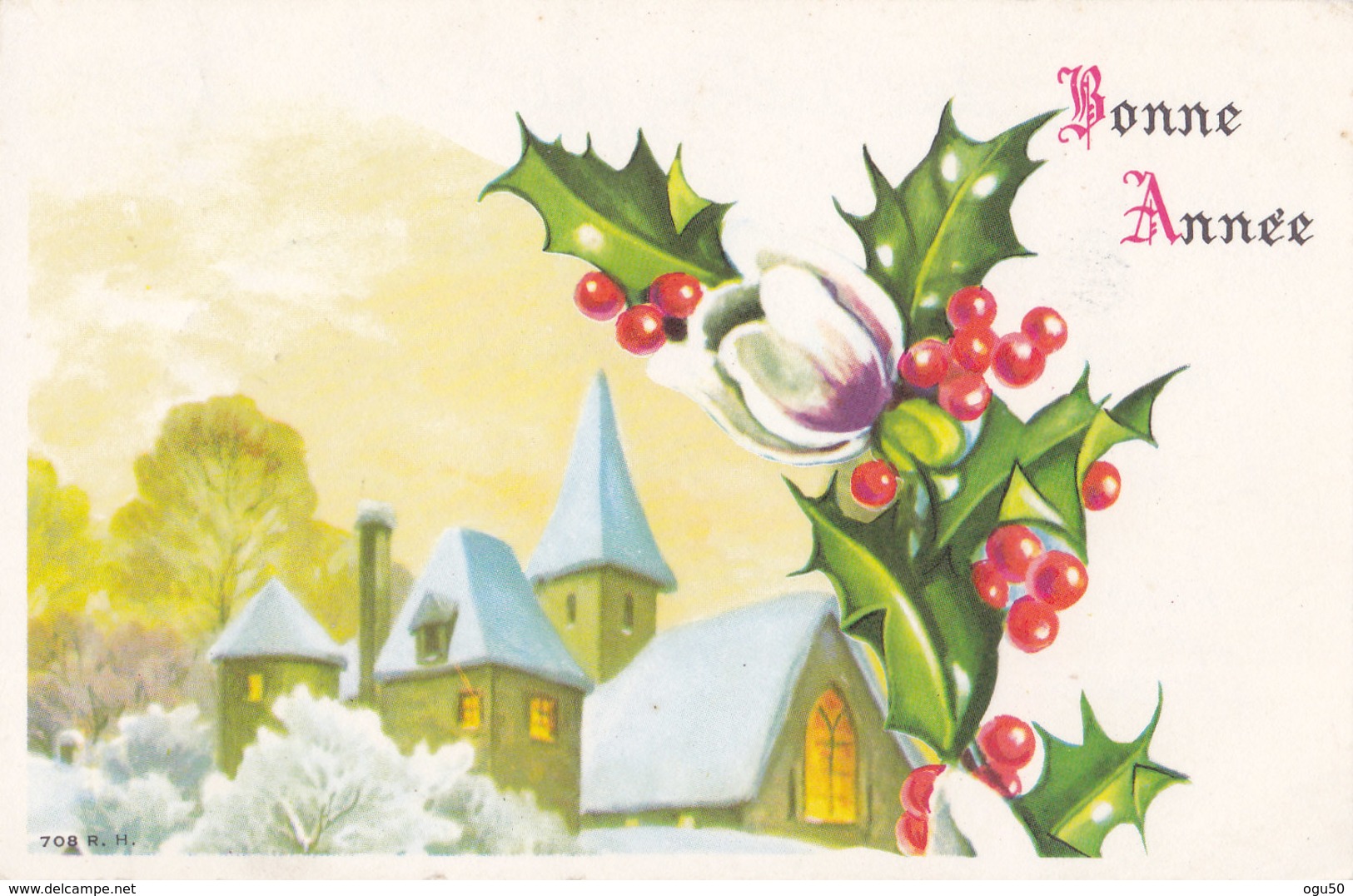 Bonne Année (Carte De Voeux) - Fleurs - Houx - Neige - Maisons [BA75] - Neujahr