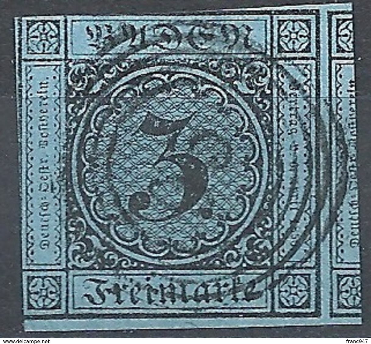 Baden, 1853 Value In Circle, 3kr Black, Blue, Imperf. # Michel 8 - Scott 7 - Yvert 7 Used - Sonstige & Ohne Zuordnung