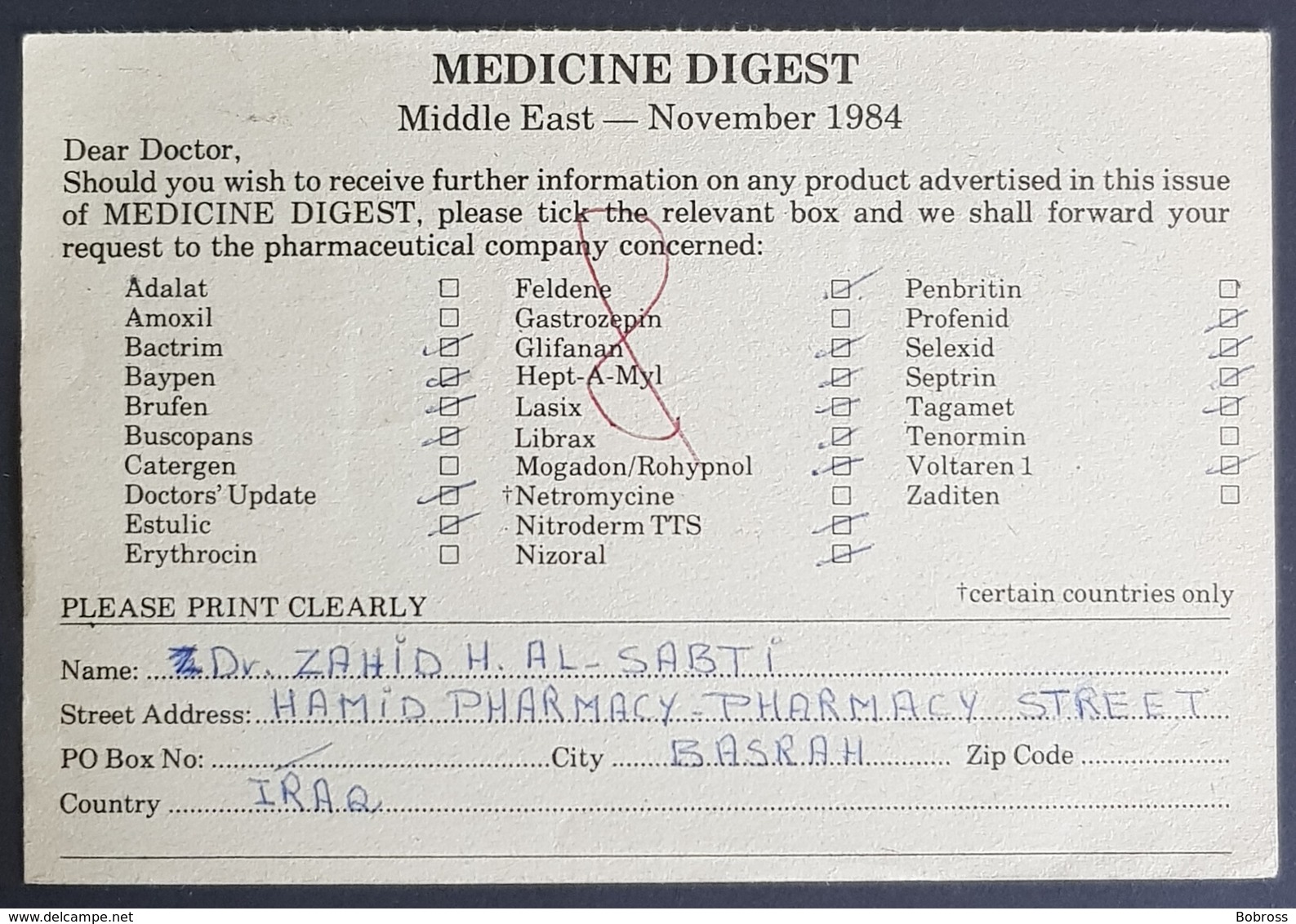 1984, IRAQ, Medicine Digest, Carte Response, Basrah - London - Iraq