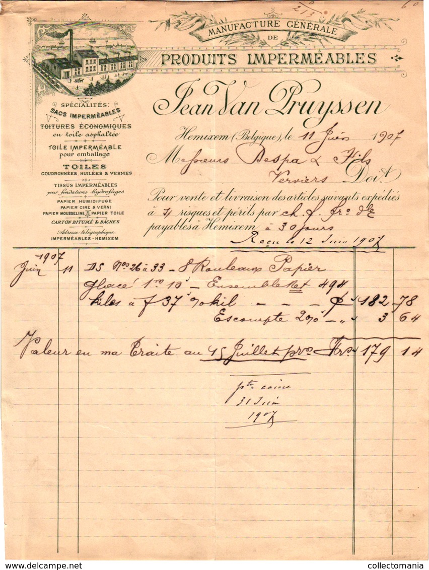 1 Facture Hemixem Hemiksem Jean Van Pruyssen Manufacture Générale De Produits Imperméables Toile Imperméable C1907 - 1900 – 1949