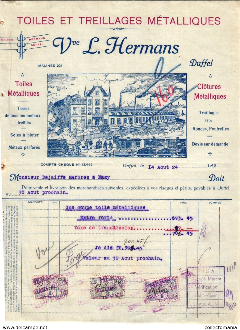 1 Facture DUFFEL  Vve L.Hermans Toiles & Treillages  Clôtures Métalliques C1920 - 1900 – 1949