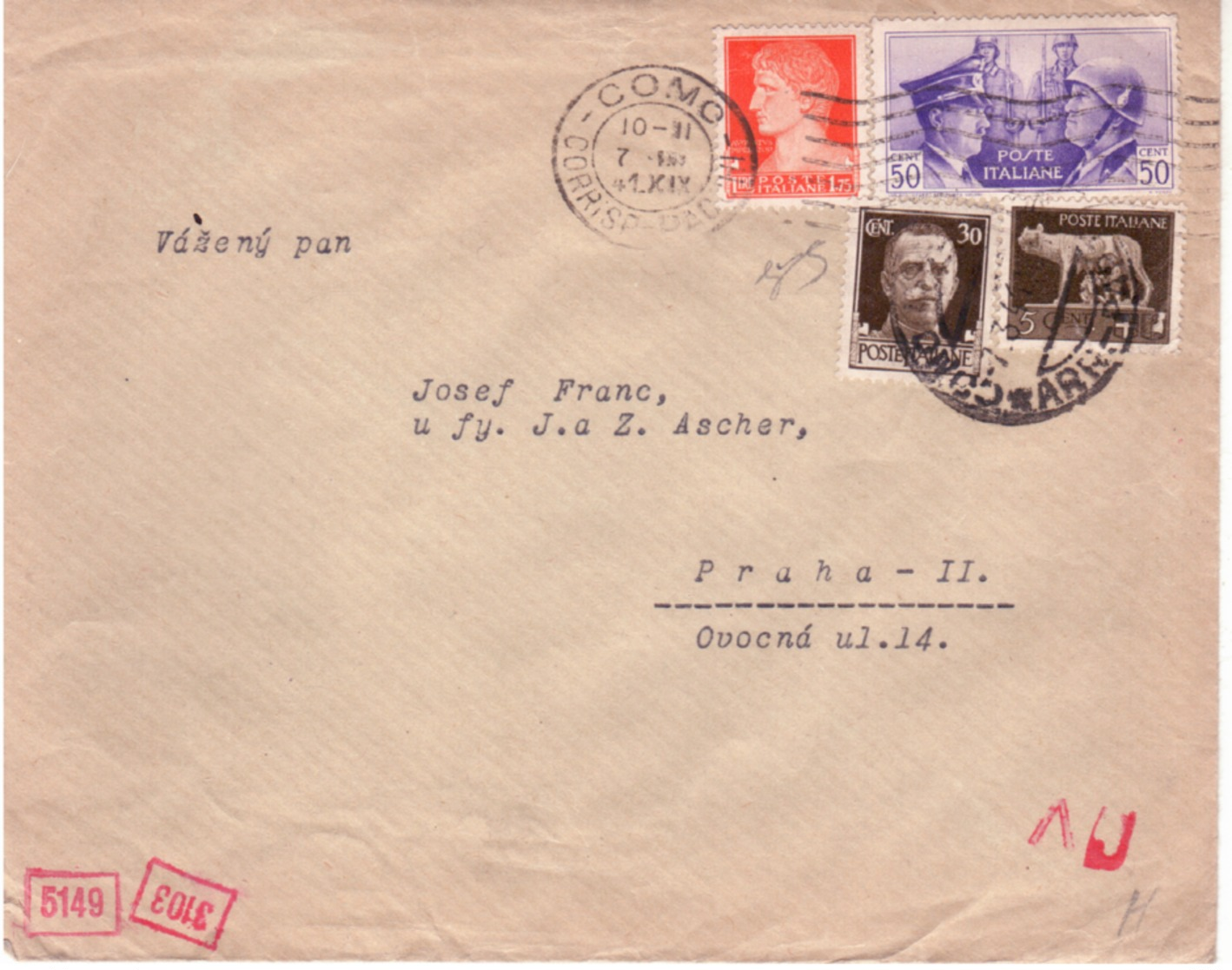 Lettera Da Como A Praga 7/3/1941 Censura  B964 - Storia Postale