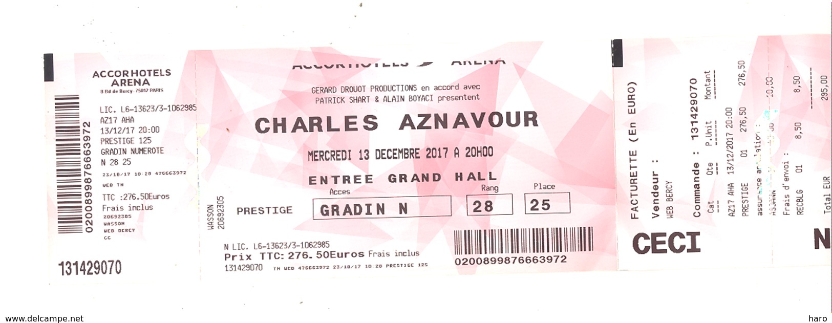 Ticket D'entrée Pour Charles AZNAVOUR Le 13/12/2017 à Bercy ( Paris), Spectacle, Chanteur, ( B250) - Tickets D'entrée