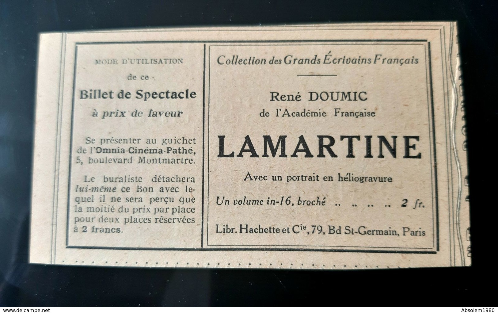 2 TICKETS 1912 CINEMA OMNIA PATHE + CINEMA DU PANTHEON BILLET SPECTACLE PRIX FAVEUR CINE FILM ANCIEN FILMS CINEMAS PARIS - Tickets - Vouchers