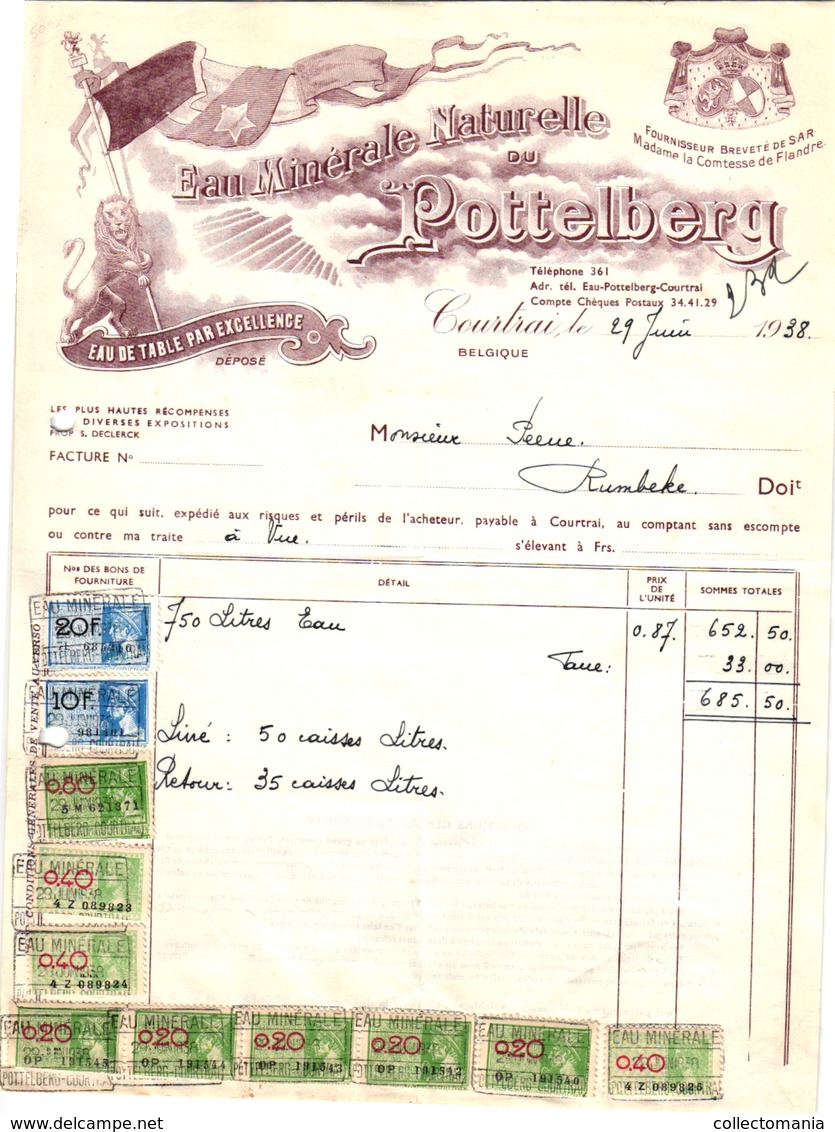 1 Facture Kortrijk Courtrai Eau Minérale Naturelle Du Pottelberg C1938 Tel.361 - 1900 – 1949