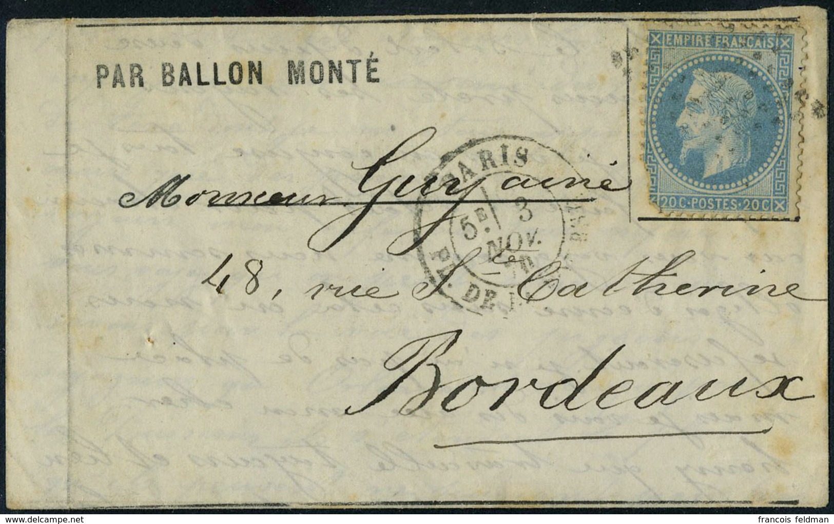 Lettre LE FERDINAND FLOCON, Paris 3 Nov. 70 Pour Bordeaux, Arrivée Le 6/11/70, Timbre Défectueux Sinon TB - Otros & Sin Clasificación