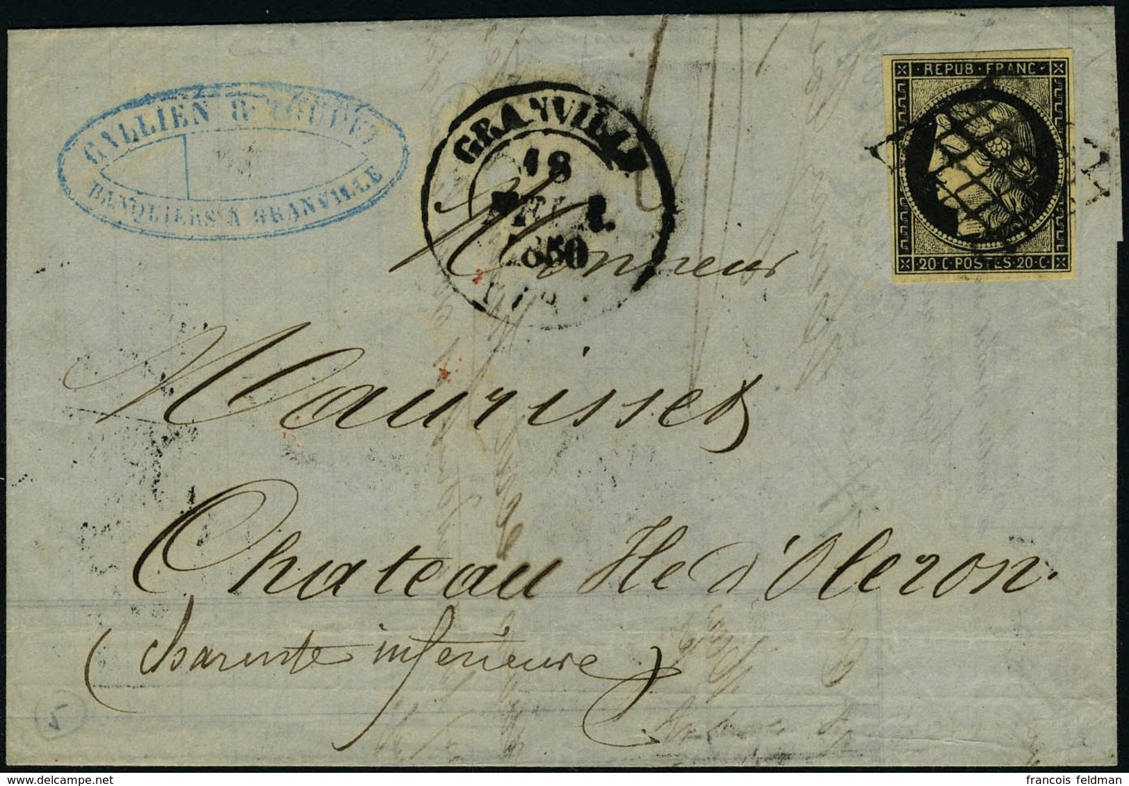 Lettre N° 3, Sur L Obl Grille + Càd Type 13 Granville 18 Février 1850 Pour L Ile D'Oléron, Au Verso Càd Nantes 2 Février - Other & Unclassified