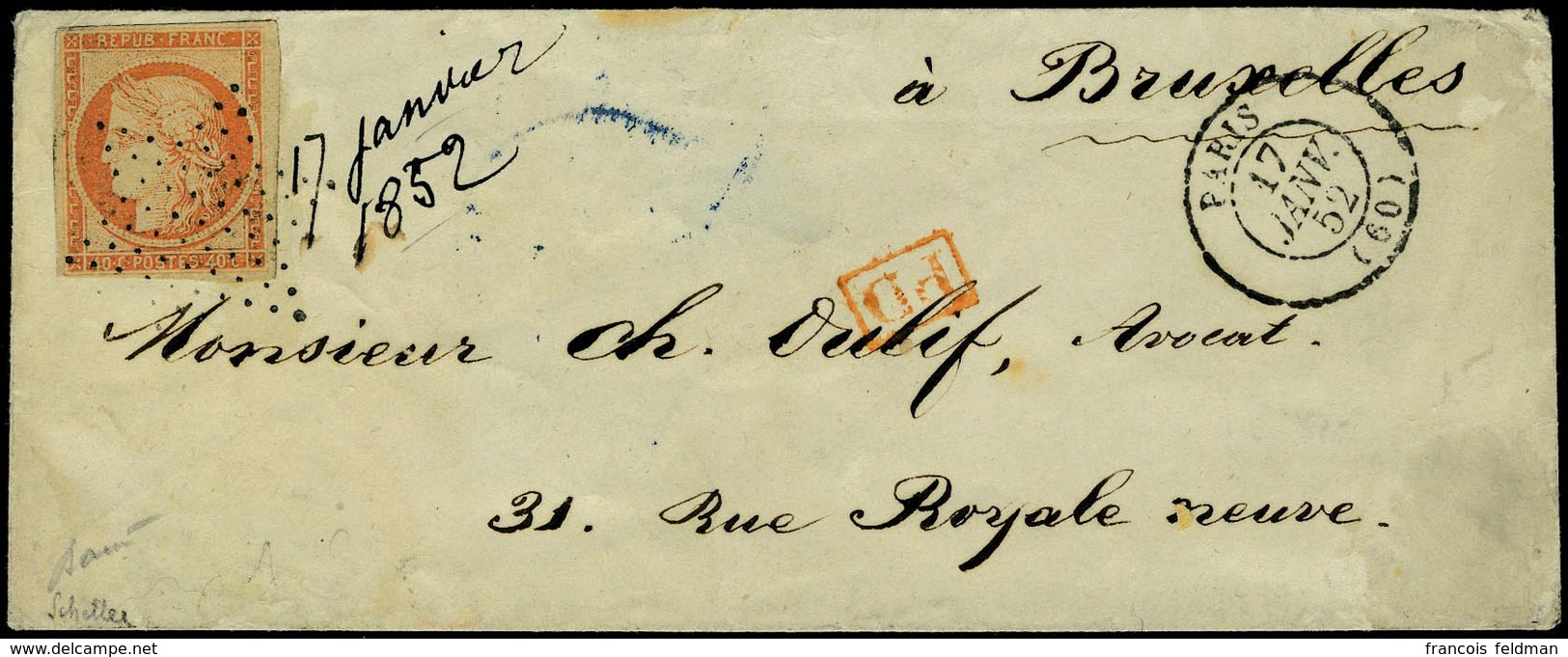 Lettre N° 5, 40c Orange Obl Etoile + Càd 17 Jan 52 Paris Pour Bruxelles, Cachet Arrivée Au Verso T.B. Signé - Other & Unclassified