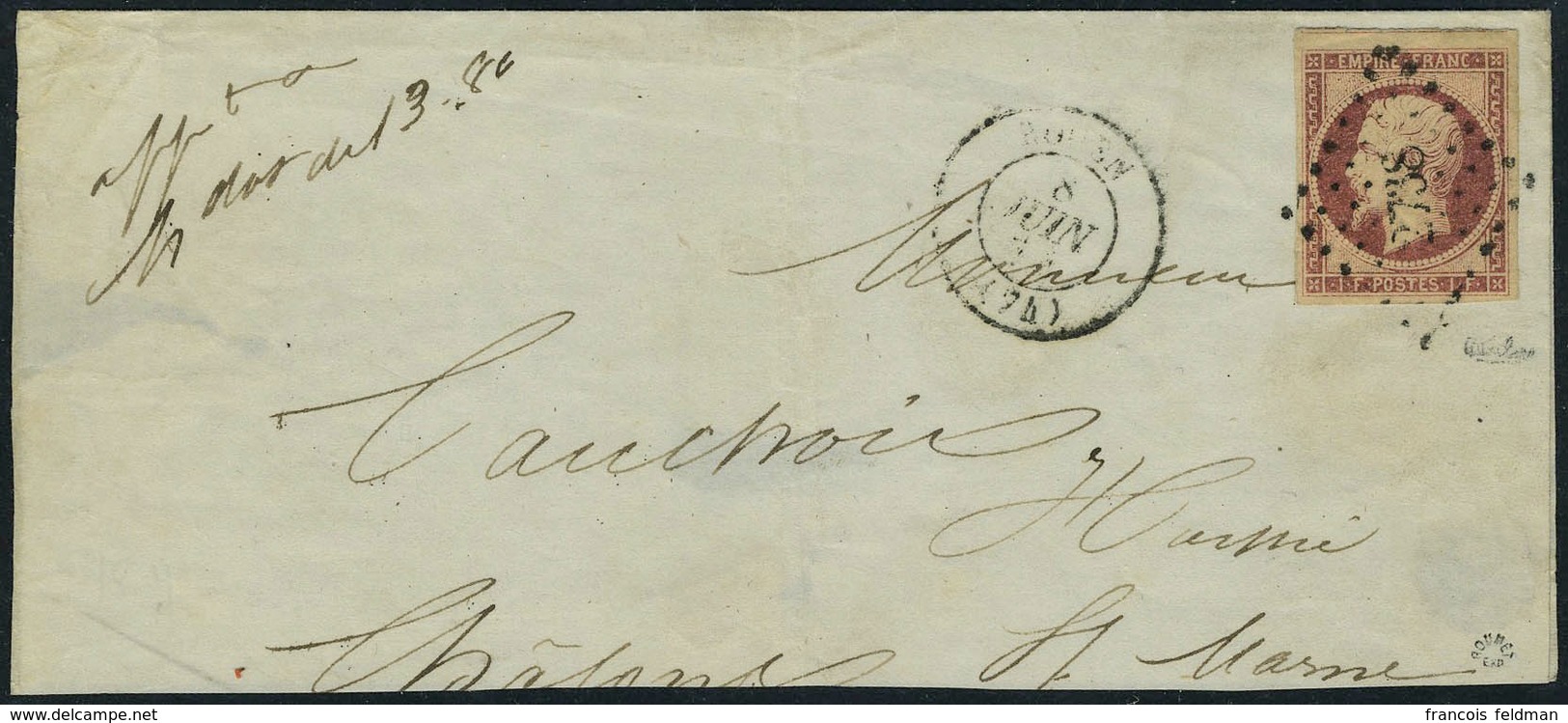 Lettre N° 18, 1f Carmin Grandes Marges Obl Sur L. Légèement Retaillée, De Rouen à Chalons Sur Marne, Arrivée Au Verso, T - Andere & Zonder Classificatie