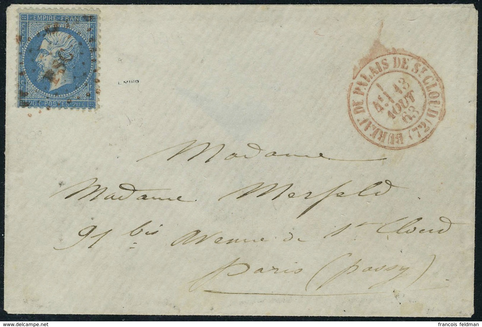 Lettre N° 22, 20c Bleu Sur L, Obl Losange PSC + Cachet à Date Palais De St Cloud 13.8.63 En Rouge Pour Passy, Très Belle - Andere & Zonder Classificatie