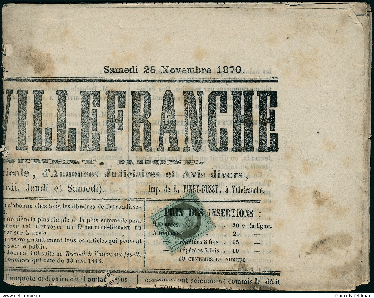Lettre N° 25. 1c Empire Lauré, Seul Sur Journal Complet : Le Journal De Villefranche Du 26 Novembre 1870, Timbre  T.B.,  - Andere & Zonder Classificatie