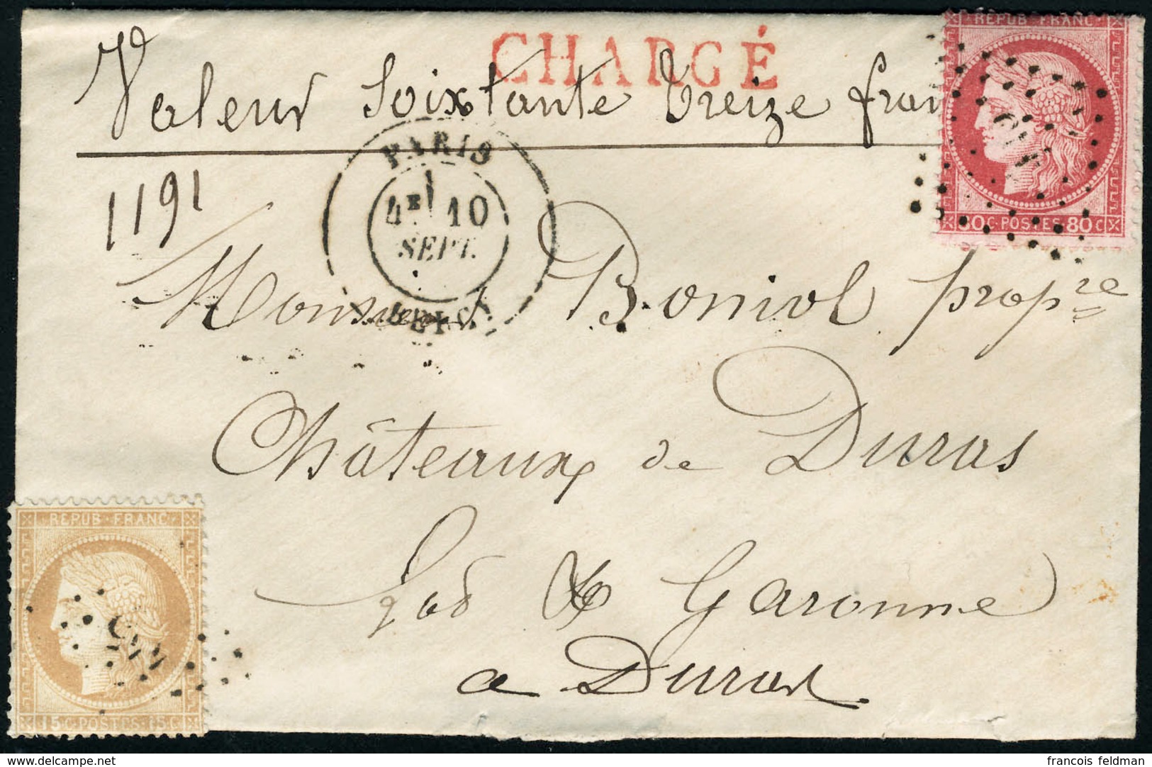 Lettre N° 55 + 57 Sur L, Cachet Chargé Et Mention Manuscrite Valeur Soixante Treize Francs, Càd Paris Bercy 10 Sep 75. L - Other & Unclassified