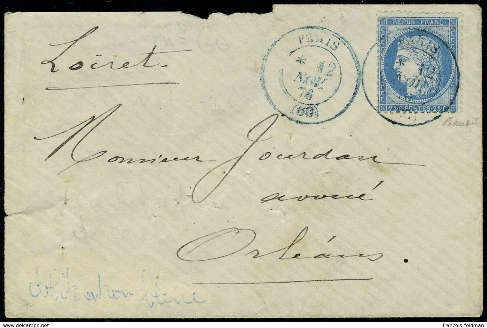 Lettre N° 60, 25c Obl Cachet à Date Bleu Paris 12 Nov 76 Sur L Pour Orleans, T.B. Manque Petite Partie Du Rabat - Andere & Zonder Classificatie