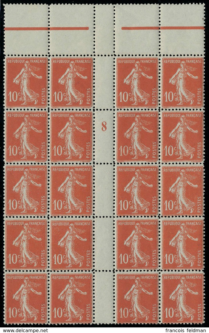 Neuf Sans Charnière N° 138, 10c Semeuse Rouge, Faux Lorulot, Bloc De 20ex Millésime 8 T.B., Rare Multiple, Maury - Altri & Non Classificati