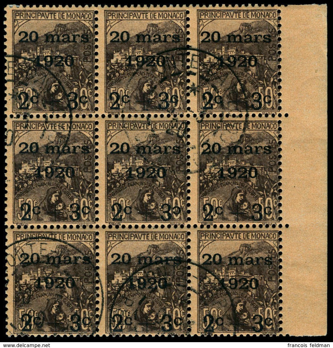 Oblitéré N° 36b, 2c + 3c Sur 50c + 50c, 2ème C Renversé, Au Centre D'un Bloc De 9 Timbres, Bdf, Superbe. - Sonstige & Ohne Zuordnung