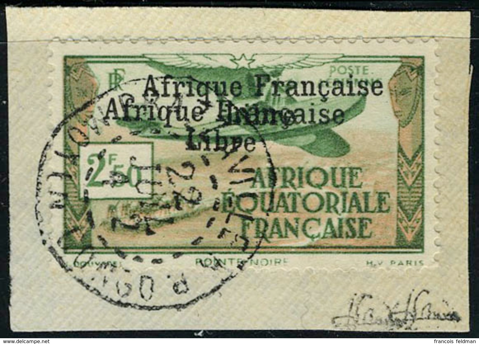 Fragment N° 15b, 2f50 Afrique Française Libre, Double Surcharge, Oblitéré Sur Petit Fragment, TB, Signé JF Brun - Autres & Non Classés