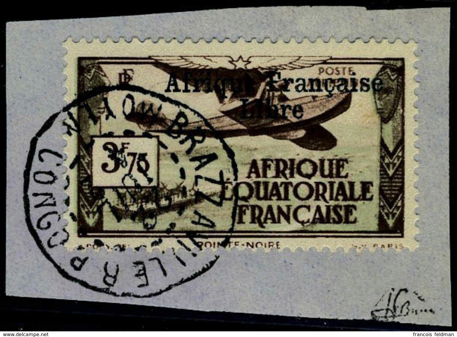 Fragment N° 16, 3f75 Afrique Francaise Libre,  Sur Petit Frgt T.B. Signé JF Brun - Autres & Non Classés