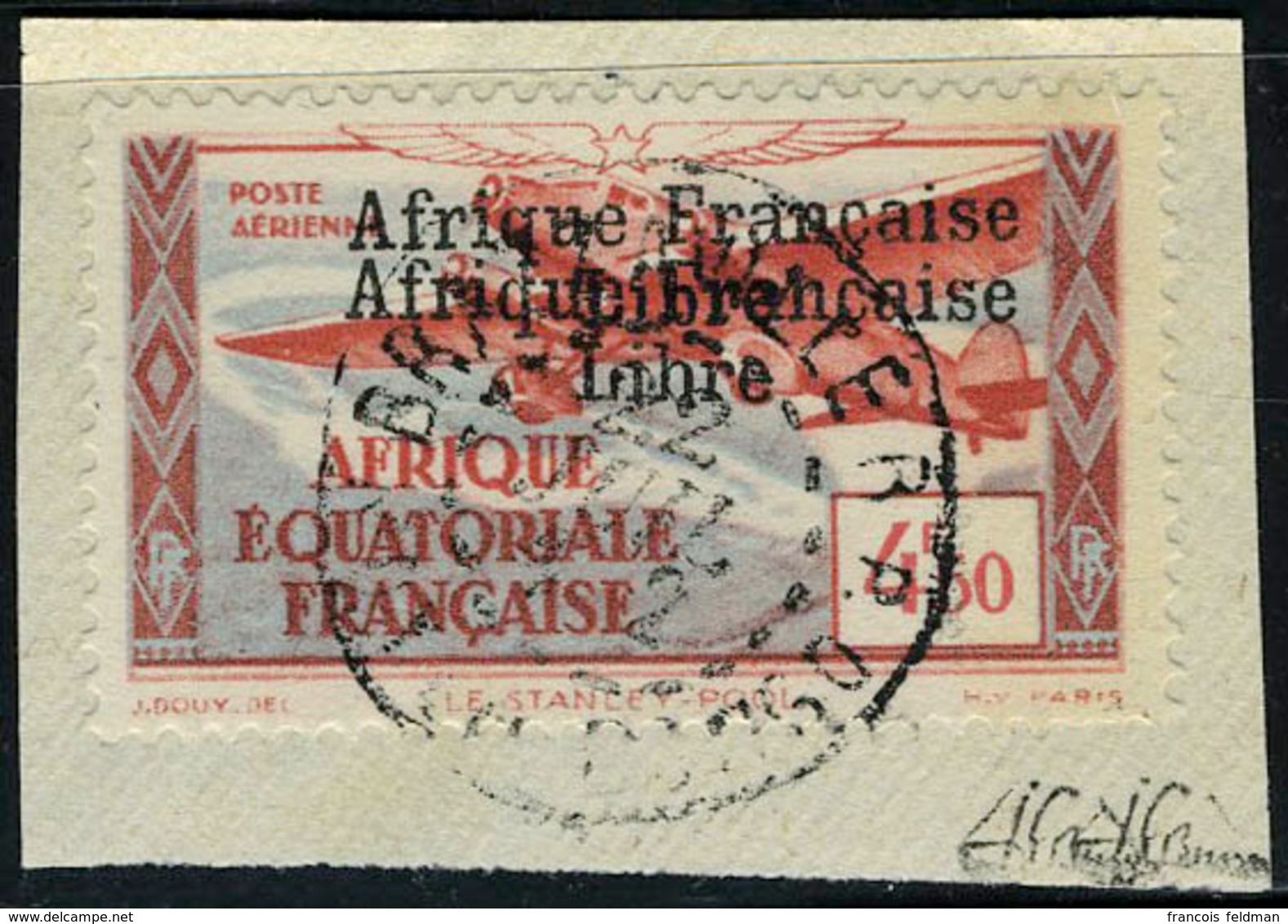 Fragment N° 17a, 4F50 Afrique Française Libre, Double Surcharge, Oblitéré Sur Petit Fragment, TB, Signé JF Brun - Autres & Non Classés