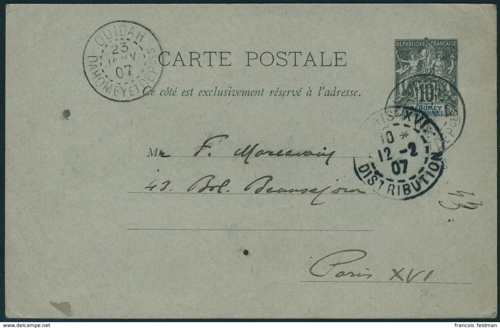 Lettre N° 9A. Entier Postal, Type Groupe 10c Noir Et Bleu, CàD Ouidah 23 Janv 07, Pour Paris. T.B. - Other & Unclassified
