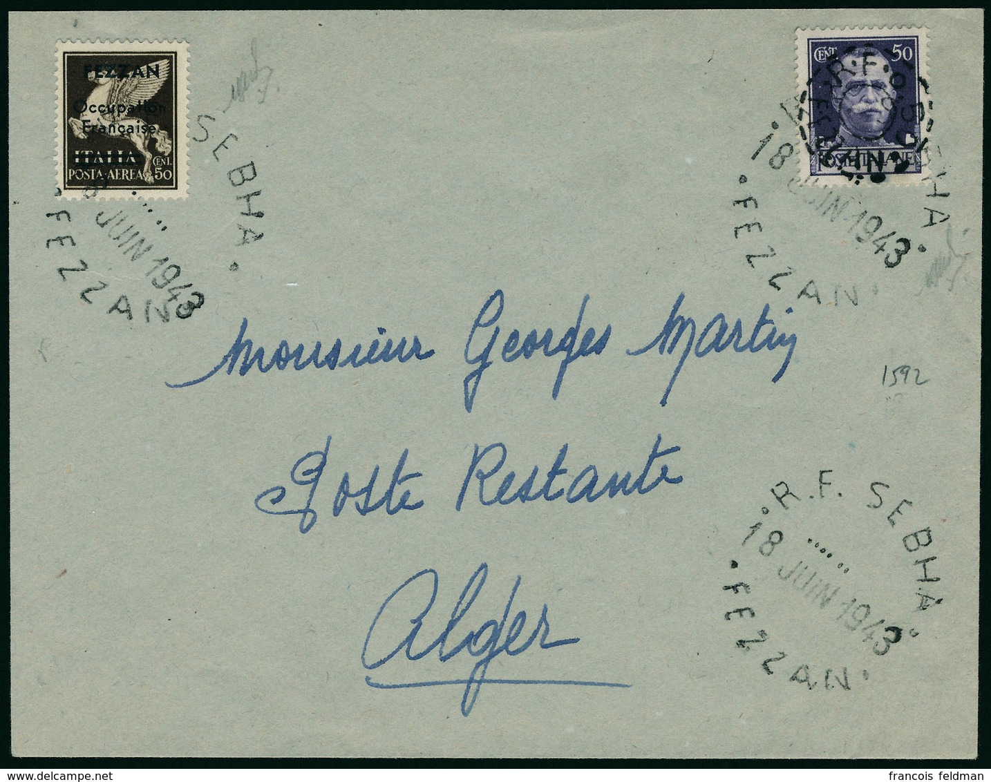 Lettre N°18. 0,50 Sur 50c Violet, Surcharge B, + PA N°1 S/Letre. CàD RF Sebha 18 Juin 1943 Fezzan, Pour Alger. T.B. - Sonstige & Ohne Zuordnung