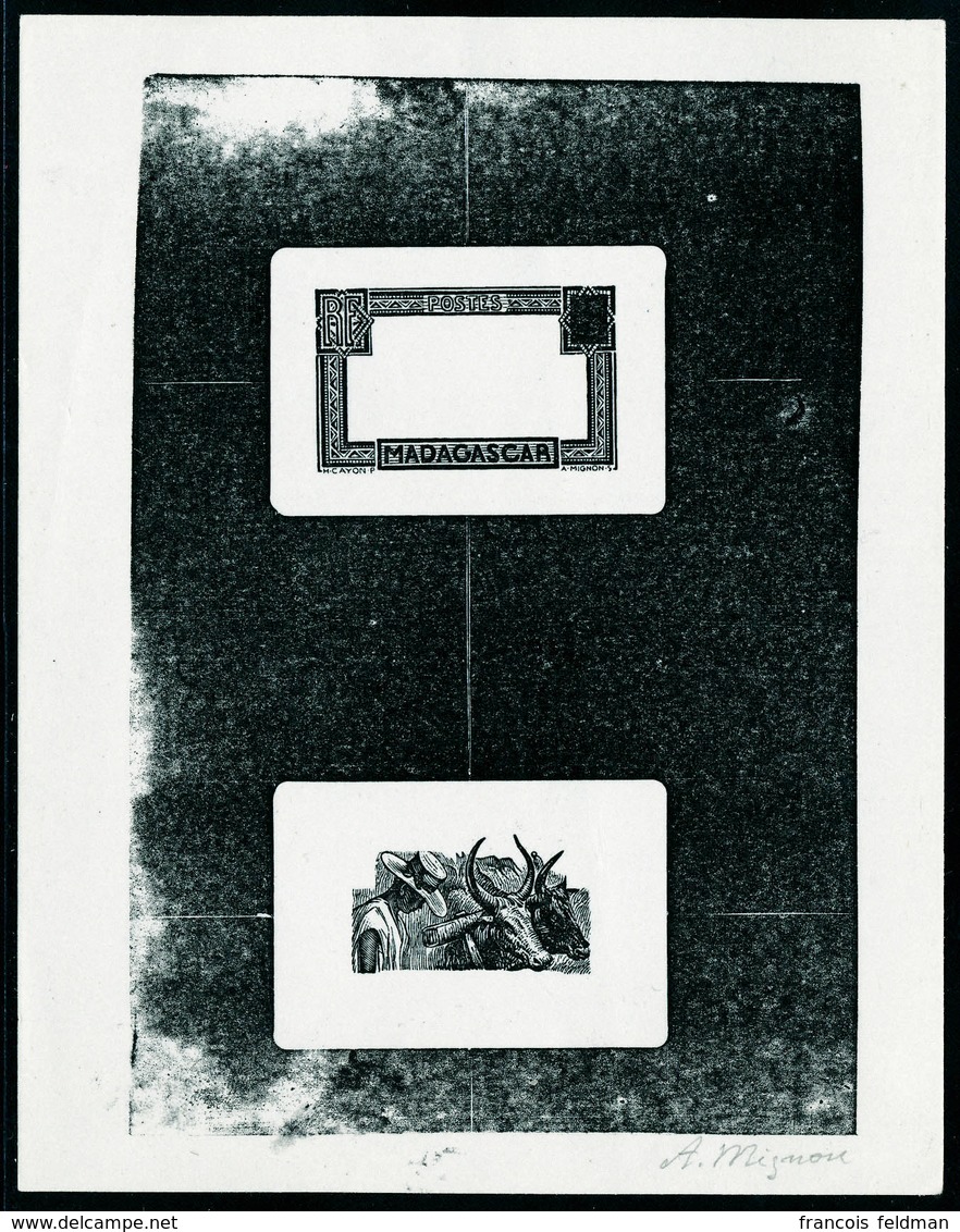 Type Attelage De Zébus, épreuve D'artiste En Noir Décomposée : Centre + Cadre, Valeur Faciale Obturée, Signée A Mignon,  - Andere & Zonder Classificatie